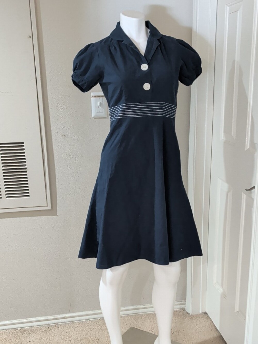 Vintage HK Navy A-Line Dress with White Button Detail Retro Women's Large